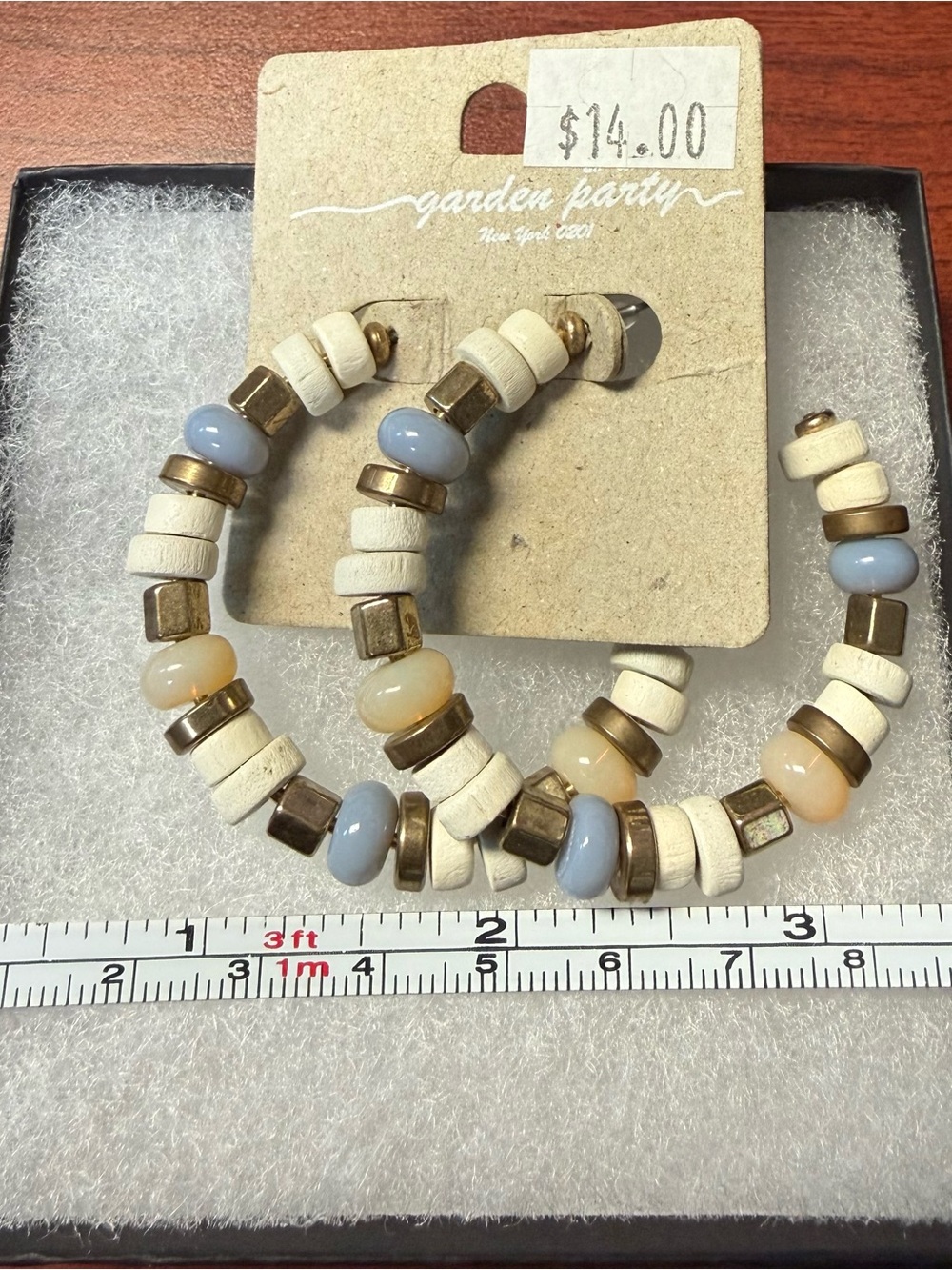 Garden Party Beaded Hoop Earrings w/Mixed Materials in White, Pale Blue & Gold